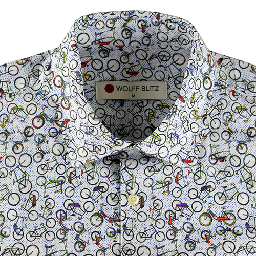 Ruwe olie vruchten Compatibel met Overhemd korte mouw met fietsen print is een wit overhemd van katoen
